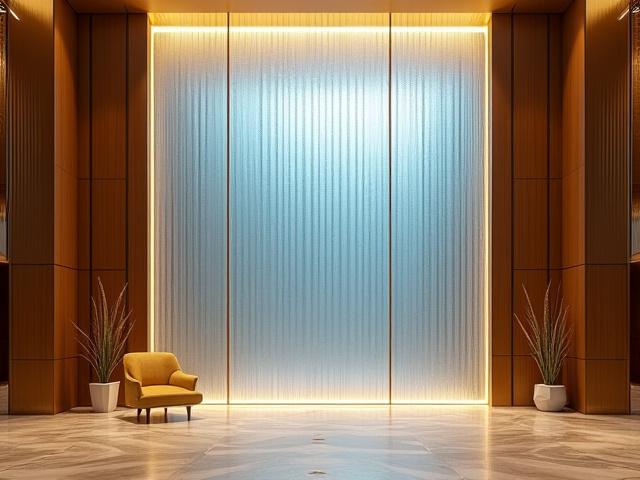 Imponente división de vidrio decorativo con texturas para lobby de hotel