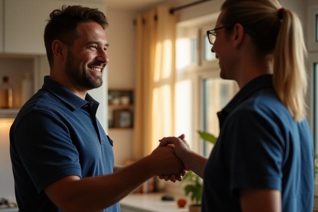 खुश ग्राहक टेक्निशियन से हाथ मिला रहे हैं