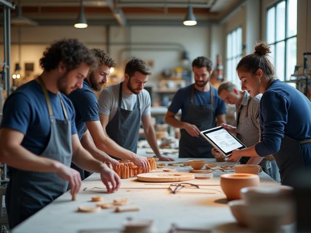 Equipo de Aura Vidrio trabajando en el taller, ambiente colaborativo.