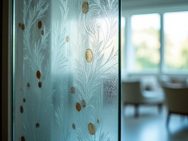 Panel de vidrio decorativo con texturas grabadas y colores vibrantes