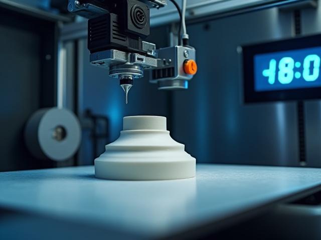 Impresora 3D de cerámica trabajando en un prototipo, con un reloj marcando 48 horas