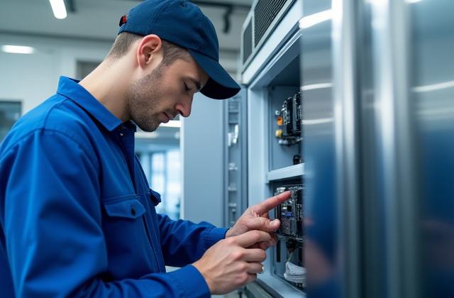 रेफ्रिजरेटर की मरम्मत कर रहा तकनीशियन